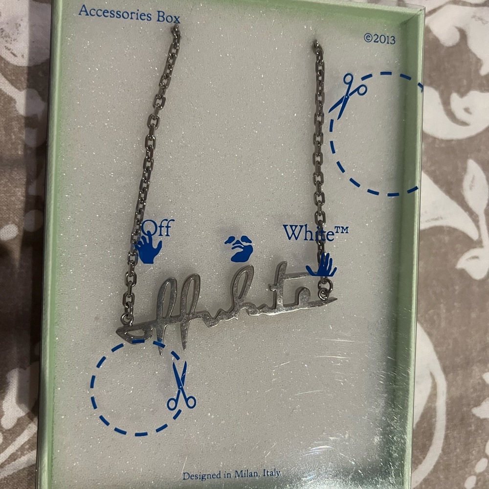 Off-White Metallic Gray Script Necklace